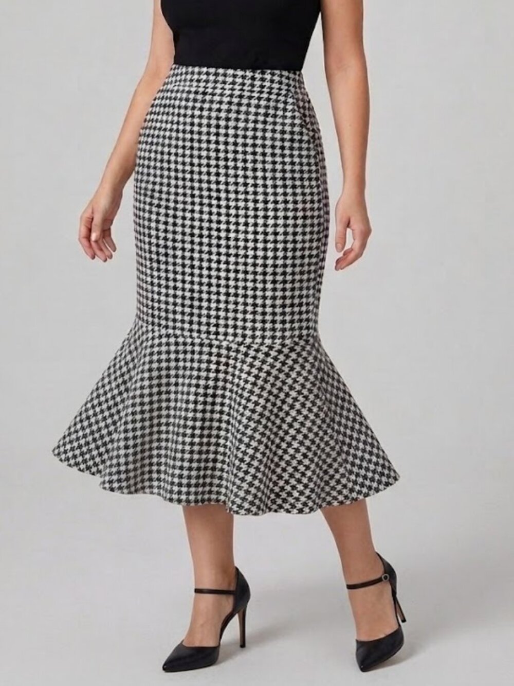 EMERY ROSE Houndstooth Mermaid Midi Skirt Black White Flare Hem Small Stretch